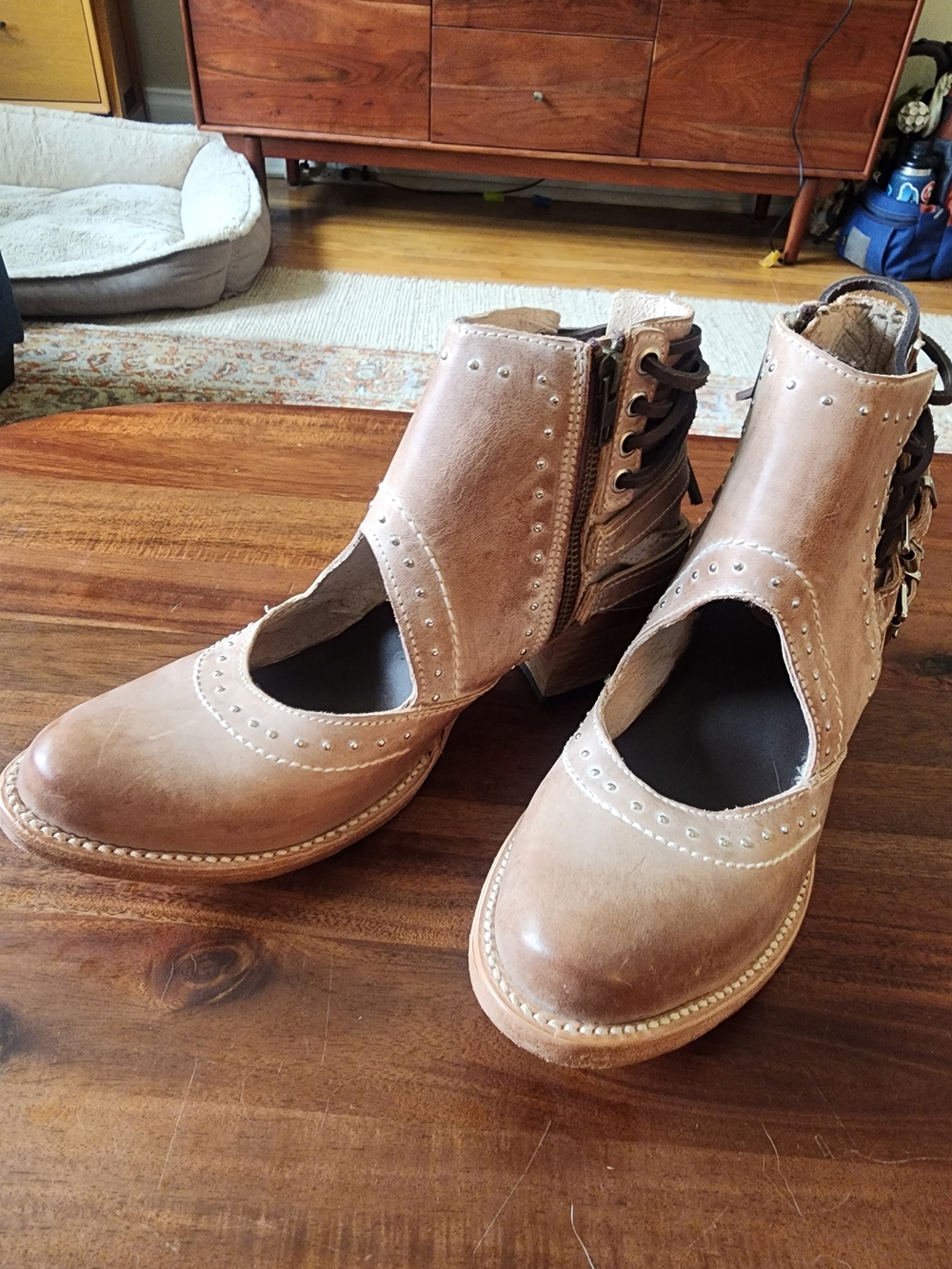 freebird Desert Taupe Leather Cutout Ankle Booties with Stud Accents
